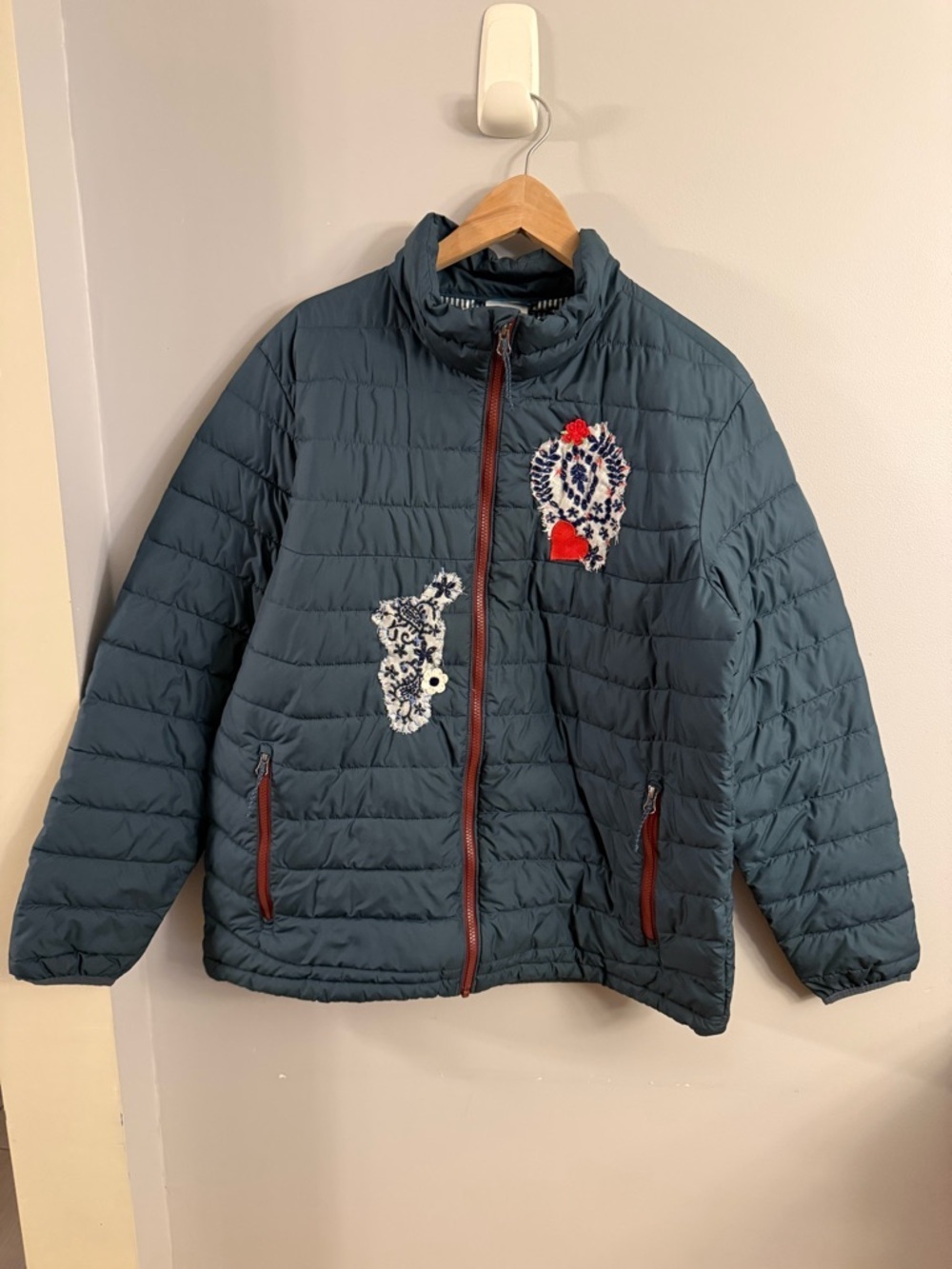 Columbia Puffer Jacket Large Blue Quilted Coat Thermal Coil Upcycled Patchwork
